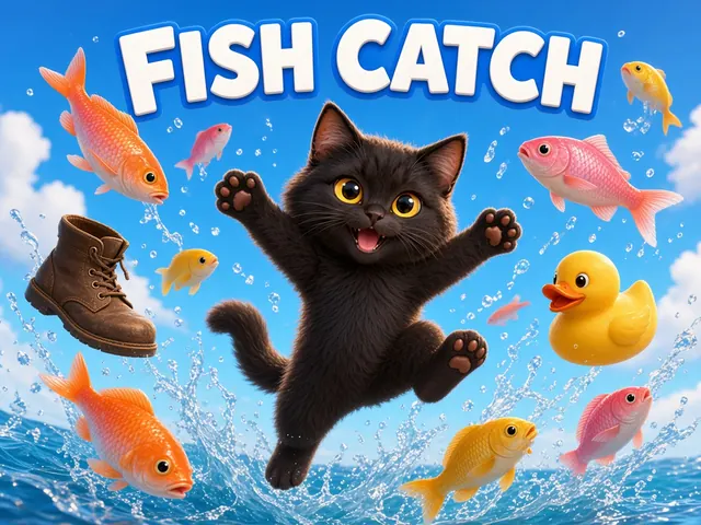 Fish Catch cover: a black kitten leaping to catch falling fish