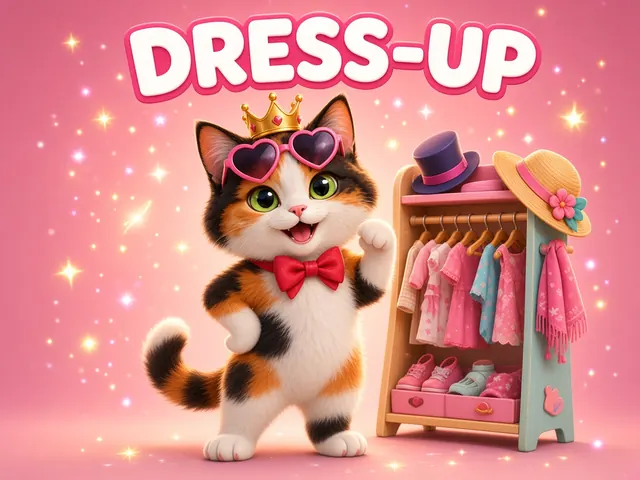 Kitty Dress-Up cover: a calico kitten in a crown, heart glasses and bow tie